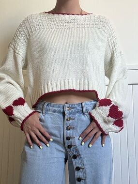 Cropped Cream Knit Sweater with Red Heart Sleeve Detail